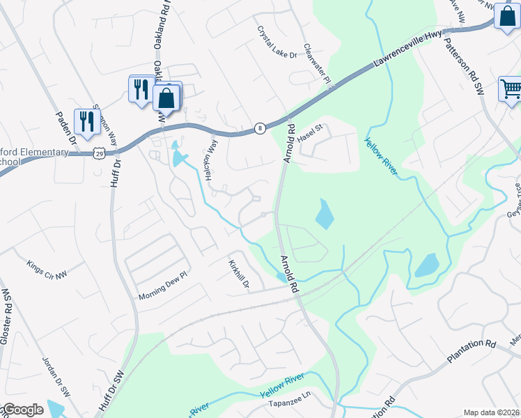 map of restaurants, bars, coffee shops, grocery stores, and more near 2287 Stancrest Lane in Lawrenceville