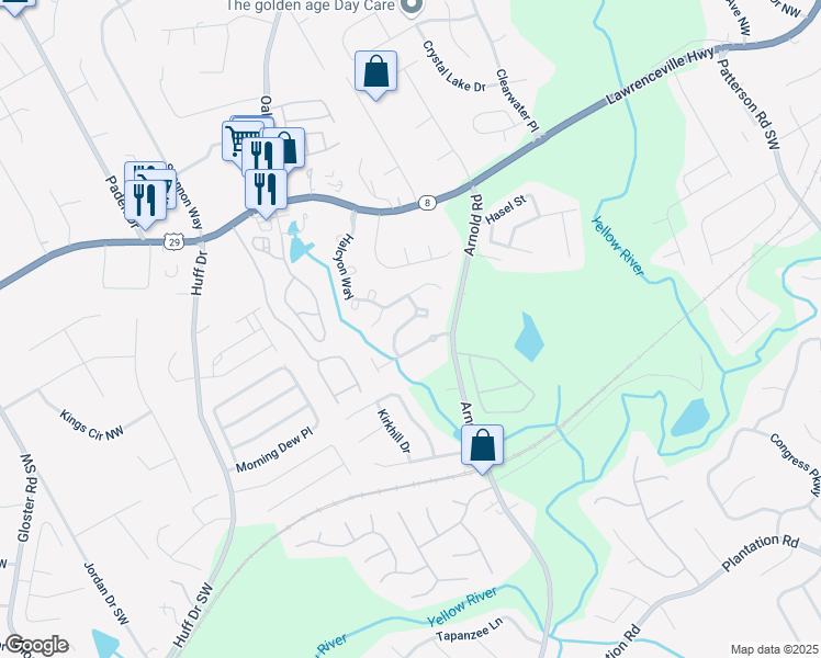 map of restaurants, bars, coffee shops, grocery stores, and more near 2287 Stancrest Lane in Lawrenceville