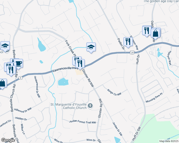 map of restaurants, bars, coffee shops, grocery stores, and more near 2696 Lawrenceville Highway in Lawrenceville