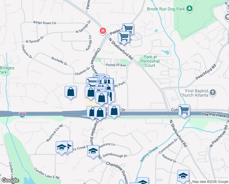 map of restaurants, bars, coffee shops, grocery stores, and more near 4333 Dunwoody Park in Dunwoody