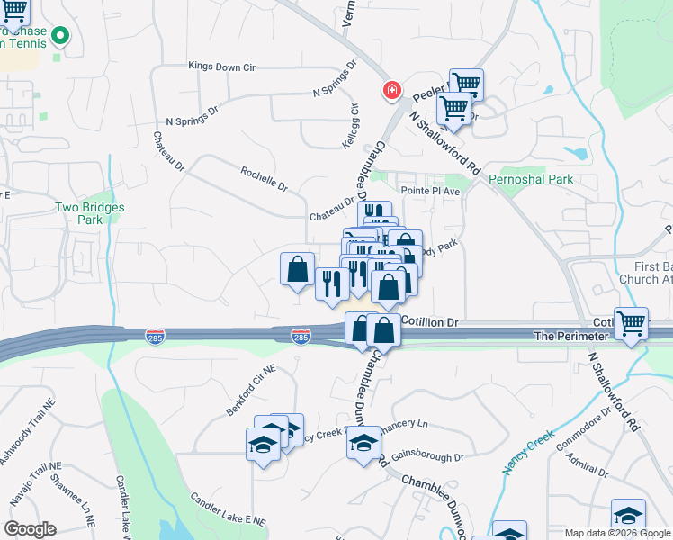 map of restaurants, bars, coffee shops, grocery stores, and more near 4490 Chamblee Dunwoody Road in Dunwoody
