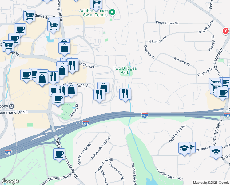 map of restaurants, bars, coffee shops, grocery stores, and more near 1455 Lincoln Parkway East in Dunwoody
