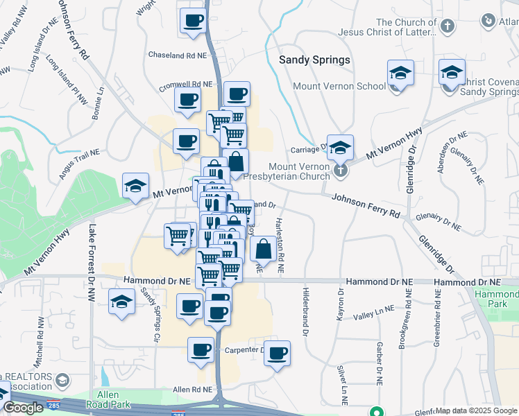 map of restaurants, bars, coffee shops, grocery stores, and more near 315 Hilderbrand Drive in Atlanta