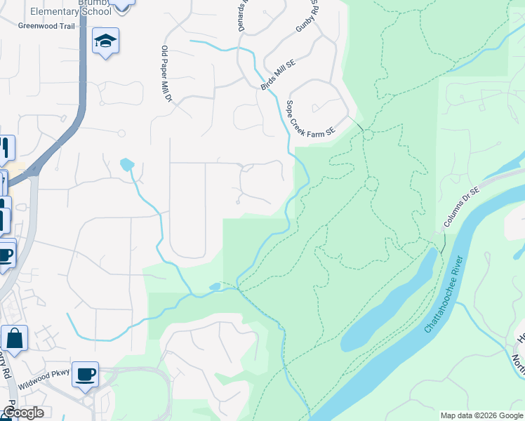 map of restaurants, bars, coffee shops, grocery stores, and more near 1082 Woodruff Plantation in Marietta