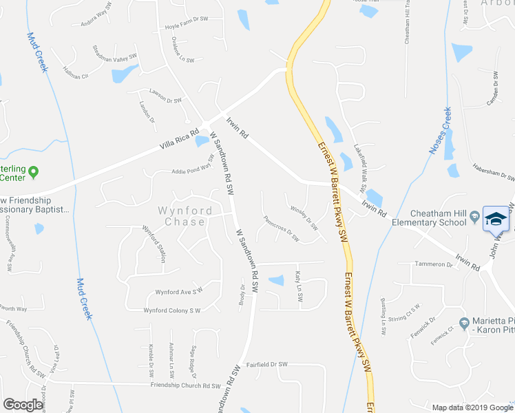 map of restaurants, bars, coffee shops, grocery stores, and more near 2831 Penncross Drive Southwest in Marietta