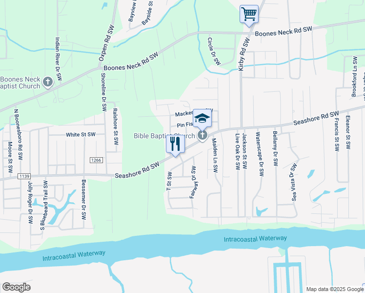 map of restaurants, bars, coffee shops, grocery stores, and more near 2490 Seashore Road Southwest in Brunswick County