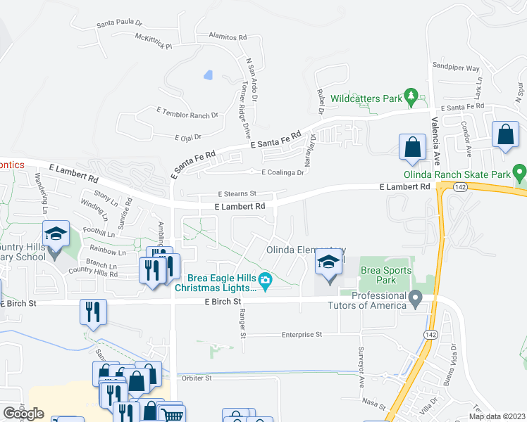 map of restaurants, bars, coffee shops, grocery stores, and more near 2965 Shamrock Avenue in Brea