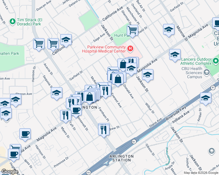 map of restaurants, bars, coffee shops, grocery stores, and more near 9295 Magnolia Avenue in Riverside