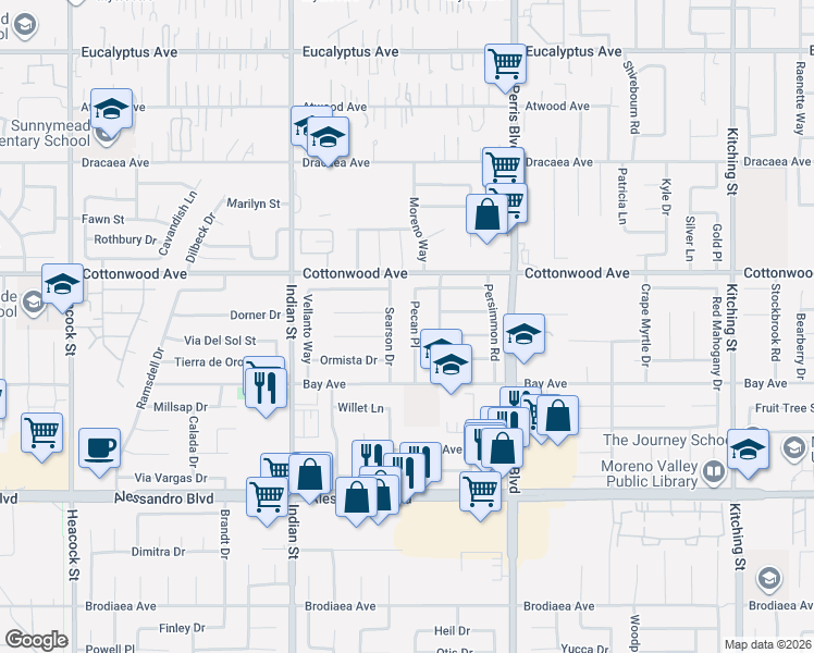 map of restaurants, bars, coffee shops, grocery stores, and more near 13631 Pecan Place in Moreno Valley