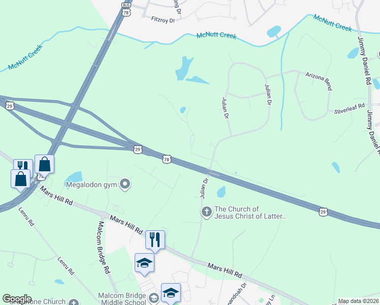 map of restaurants, bars, coffee shops, grocery stores, and more near 1241 Julian Drive in Watkinsville