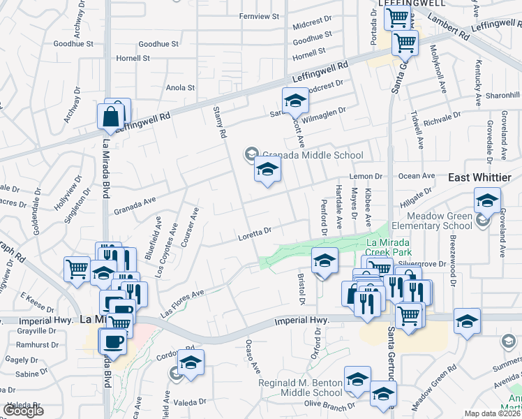 map of restaurants, bars, coffee shops, grocery stores, and more near 15429 Fairacres Drive in La Mirada