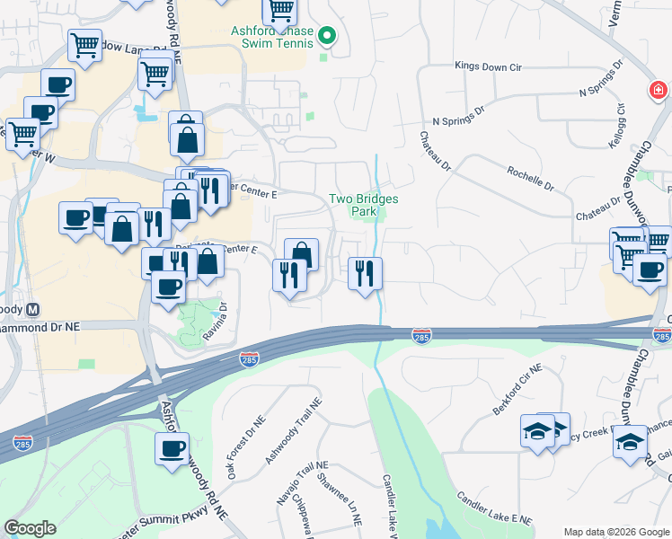 map of restaurants, bars, coffee shops, grocery stores, and more near 1455 Lincoln Parkway East in Dunwoody
