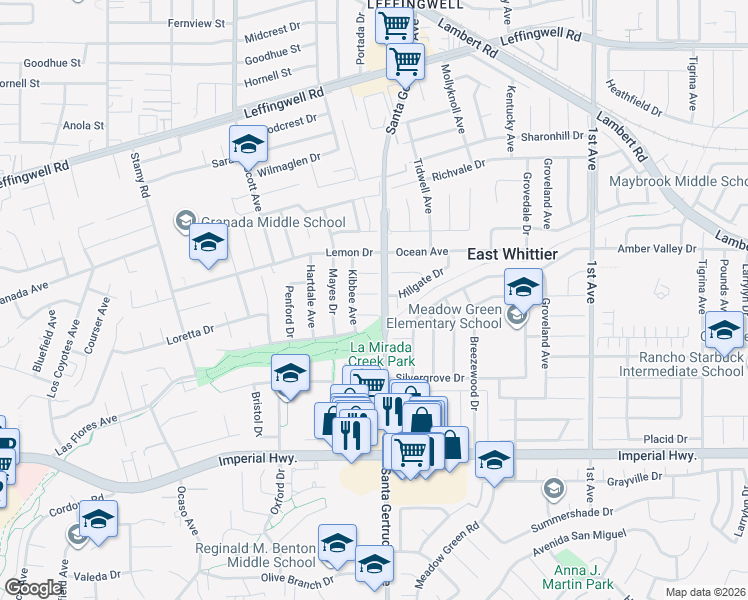 map of restaurants, bars, coffee shops, grocery stores, and more near 15750 Hillgate Drive in La Mirada