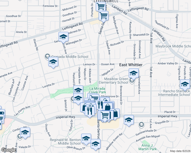 map of restaurants, bars, coffee shops, grocery stores, and more near 15750 Hillgate Drive in La Mirada