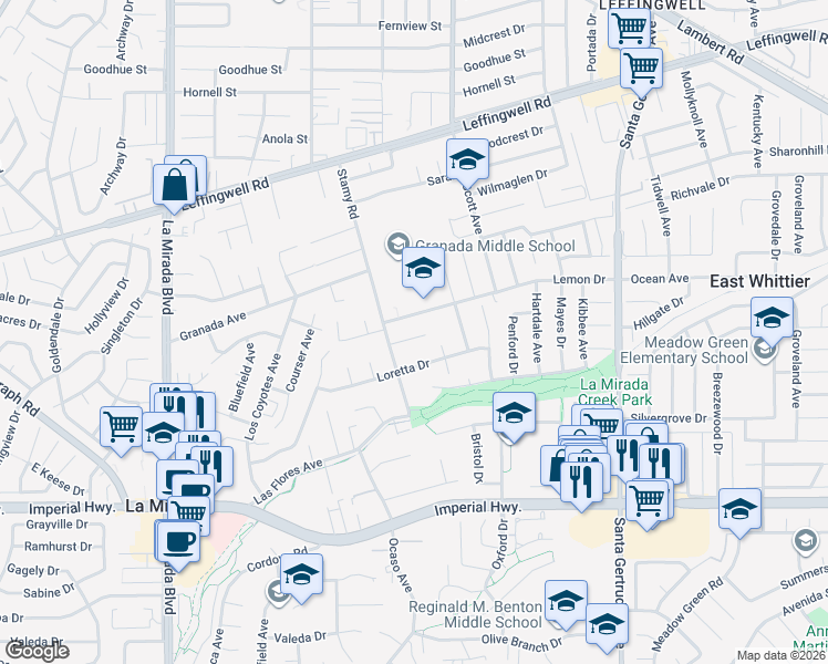 map of restaurants, bars, coffee shops, grocery stores, and more near 15429 Fairacres Drive in La Mirada