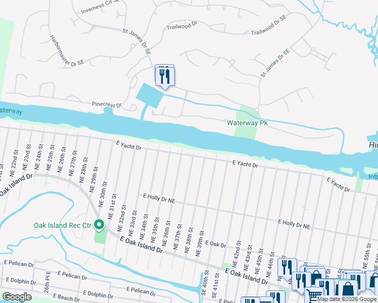 map of restaurants, bars, coffee shops, grocery stores, and more near 3703 East Yacht Drive in Oak Island