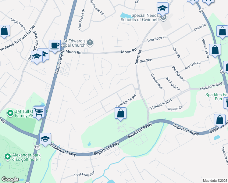 map of restaurants, bars, coffee shops, grocery stores, and more near 850 Clairidge Lane Southwest in Lawrenceville