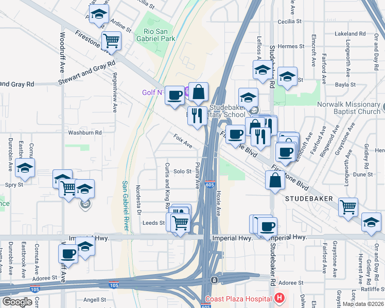 map of restaurants, bars, coffee shops, grocery stores, and more near 12107 Piuma Avenue in Norwalk
