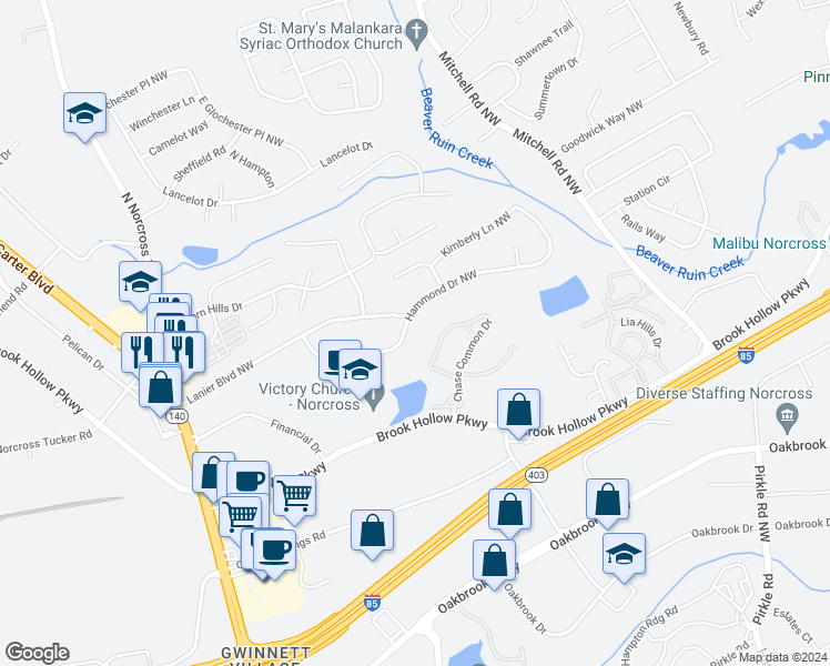 map of restaurants, bars, coffee shops, grocery stores, and more near 5816 Hammond Drive Northwest in Norcross