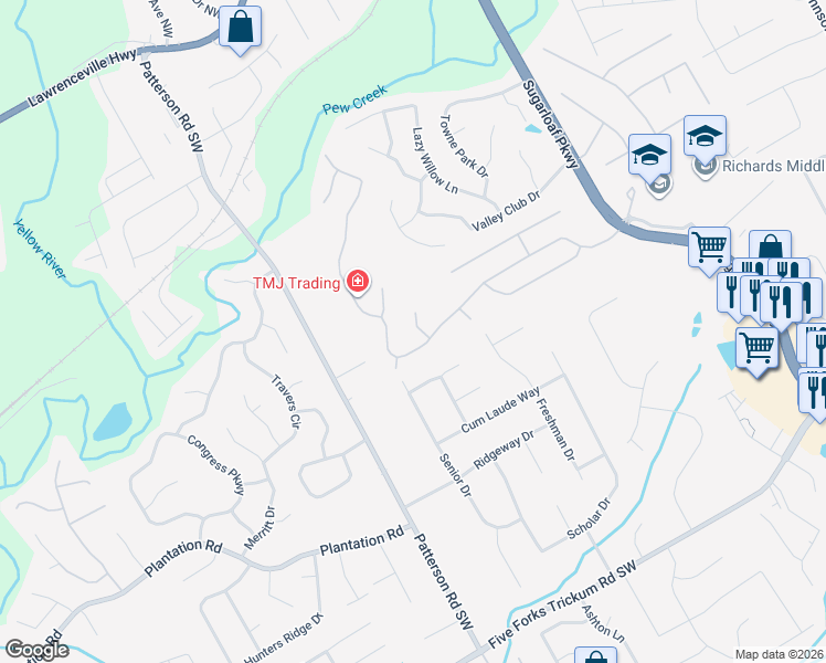 map of restaurants, bars, coffee shops, grocery stores, and more near 1907 Longmont Drive in Lawrenceville