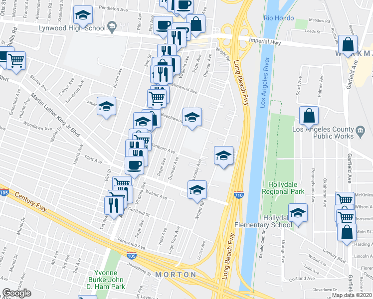 map of restaurants, bars, coffee shops, grocery stores, and more near 11278 Duncan Avenue in Lynwood