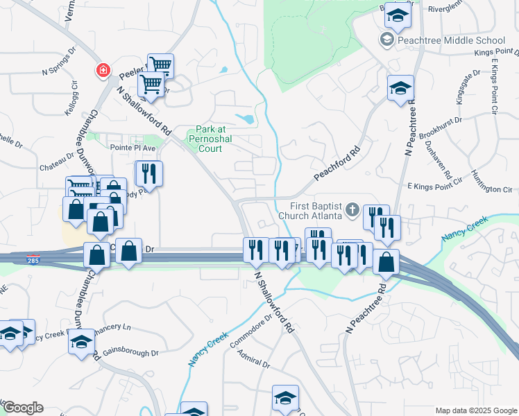 map of restaurants, bars, coffee shops, grocery stores, and more near 4100 Peachford Circle in Dunwoody