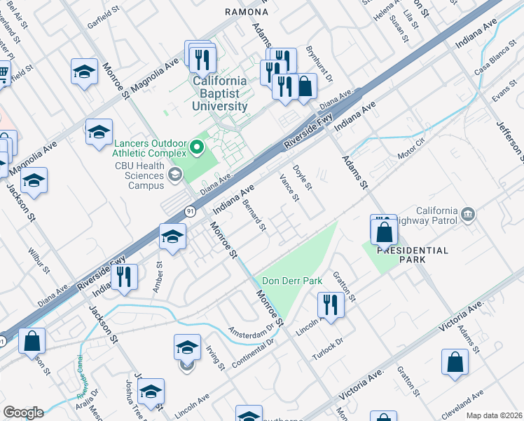 map of restaurants, bars, coffee shops, grocery stores, and more near 3279 Bernard Street in Riverside