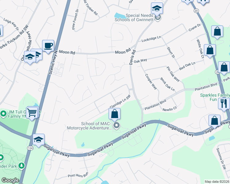 map of restaurants, bars, coffee shops, grocery stores, and more near 753 Clairidge Oak Court in Lawrenceville