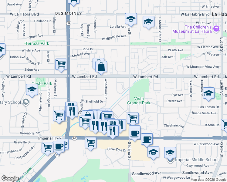 map of restaurants, bars, coffee shops, grocery stores, and more near 1456 West Lambert Road in La Habra