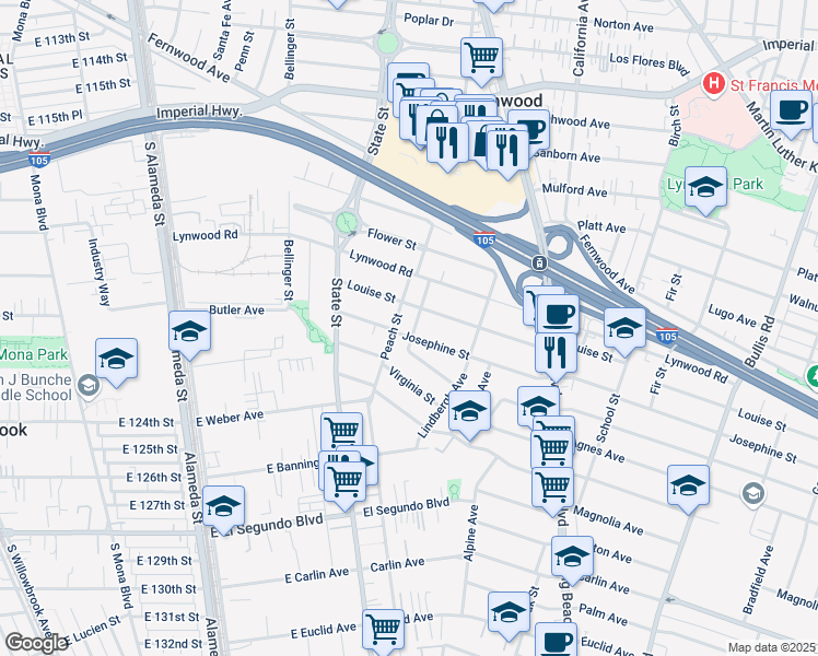 map of restaurants, bars, coffee shops, grocery stores, and more near 3220 Josephine Street in Lynwood