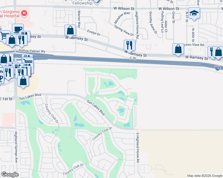 map of restaurants, bars, coffee shops, grocery stores, and more near 4896 Rolling Hills Avenue in Banning