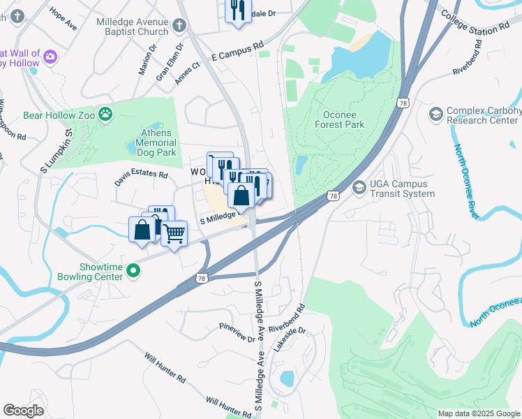 map of restaurants, bars, coffee shops, grocery stores, and more near South Milledge Avenue in Athens