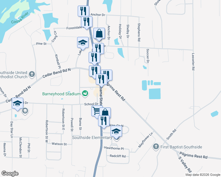 map of restaurants, bars, coffee shops, grocery stores, and more near 3083 Pilgrims Rest Road in Southside