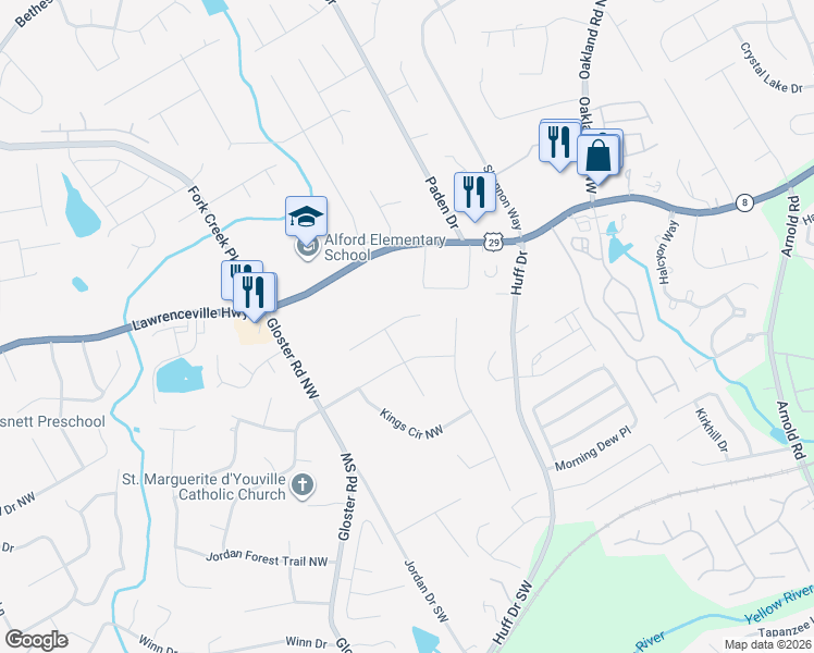 map of restaurants, bars, coffee shops, grocery stores, and more near 2574 Regal Cir in Lawrenceville