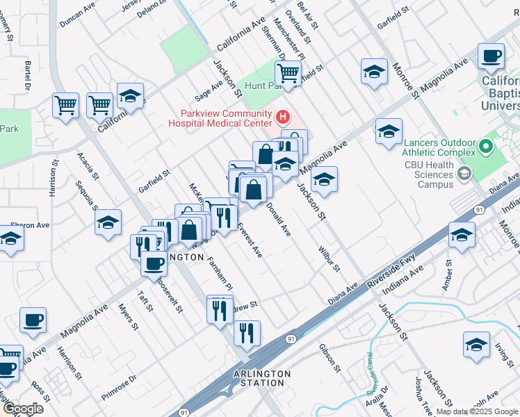 map of restaurants, bars, coffee shops, grocery stores, and more near 9226 Magnolia Avenue in Riverside