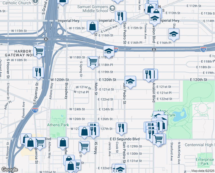 map of restaurants, bars, coffee shops, grocery stores, and more near 151 East 121st Street in Los Angeles