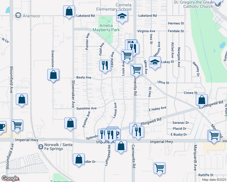map of restaurants, bars, coffee shops, grocery stores, and more near 11920 Laurel Avenue in Whittier
