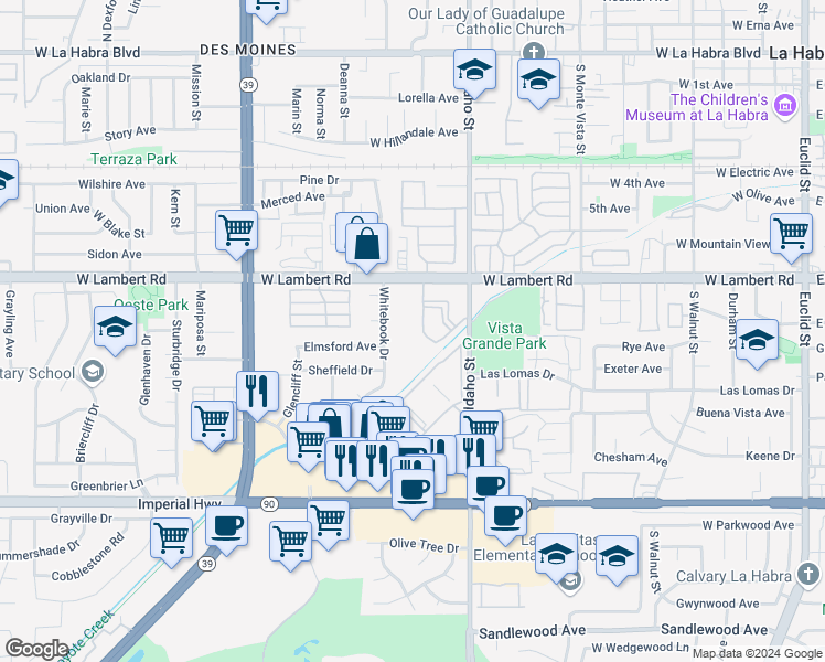 map of restaurants, bars, coffee shops, grocery stores, and more near 1456 West Lambert Road in La Habra
