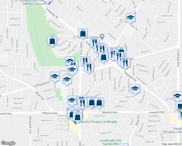 map of restaurants, bars, coffee shops, grocery stores, and more near 11818 Corley Drive in Whittier