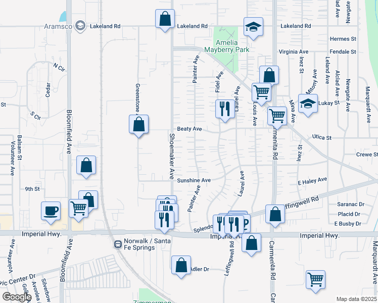 map of restaurants, bars, coffee shops, grocery stores, and more near 12008 Shoemaker Avenue in Whittier