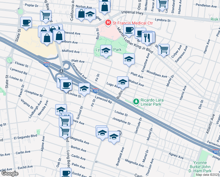 map of restaurants, bars, coffee shops, grocery stores, and more near 3713 Fernwood Avenue in Lynwood