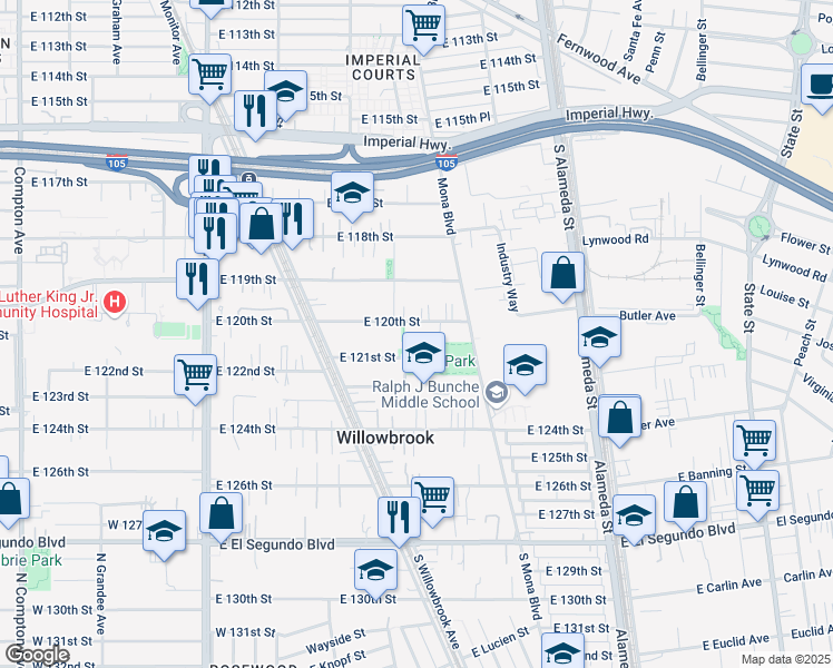 map of restaurants, bars, coffee shops, grocery stores, and more near 2291 East 121st Street in Compton