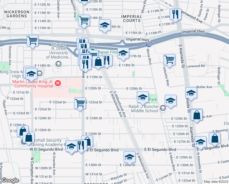 map of restaurants, bars, coffee shops, grocery stores, and more near 12022 South Willowbrook Avenue in Compton