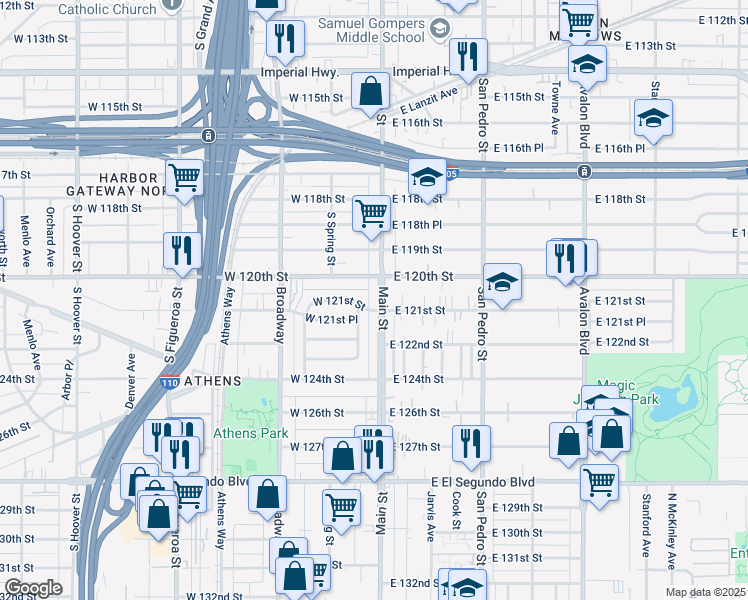 map of restaurants, bars, coffee shops, grocery stores, and more near 133 West 121st Place in Los Angeles