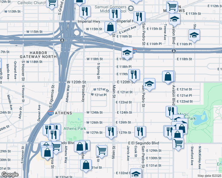 map of restaurants, bars, coffee shops, grocery stores, and more near 133 West 121st Place in Los Angeles