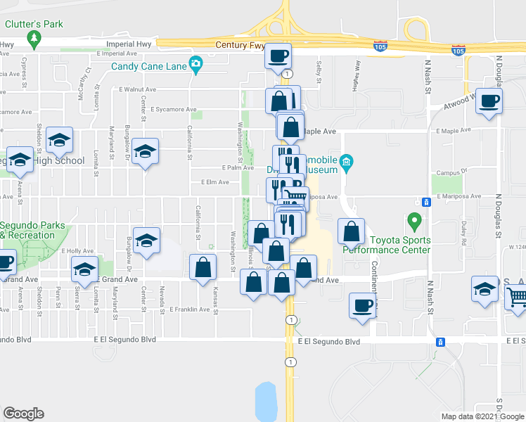 map of restaurants, bars, coffee shops, grocery stores, and more near 1711 East Pine Avenue in El Segundo