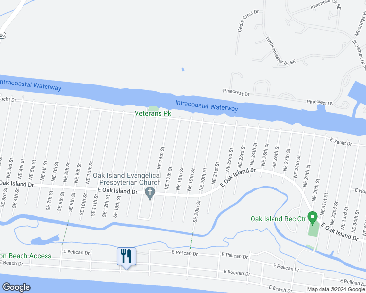 map of restaurants, bars, coffee shops, grocery stores, and more near 141 Northeast 18th Street in Oak Island