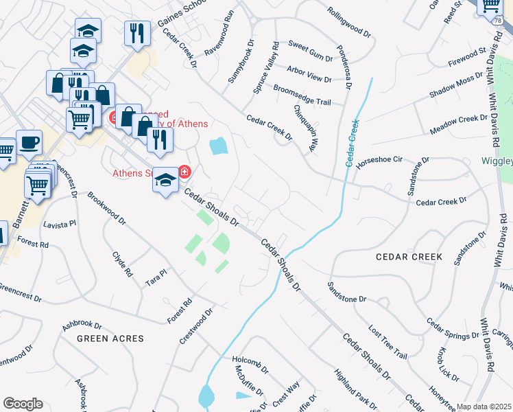 map of restaurants, bars, coffee shops, grocery stores, and more near 135 West Paces Drive in Athens