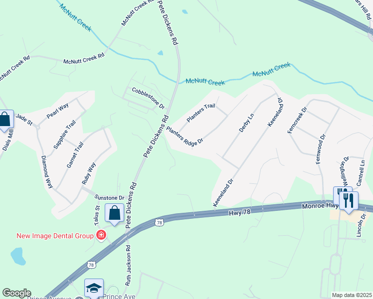 map of restaurants, bars, coffee shops, grocery stores, and more near 1010 Planters Court in Bogart