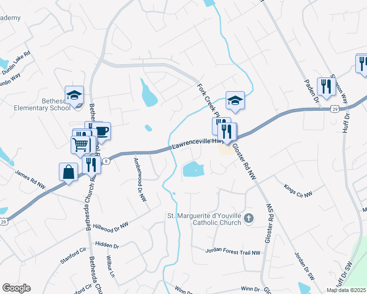 map of restaurants, bars, coffee shops, grocery stores, and more near 2728 Harrison Drive in Lawrenceville